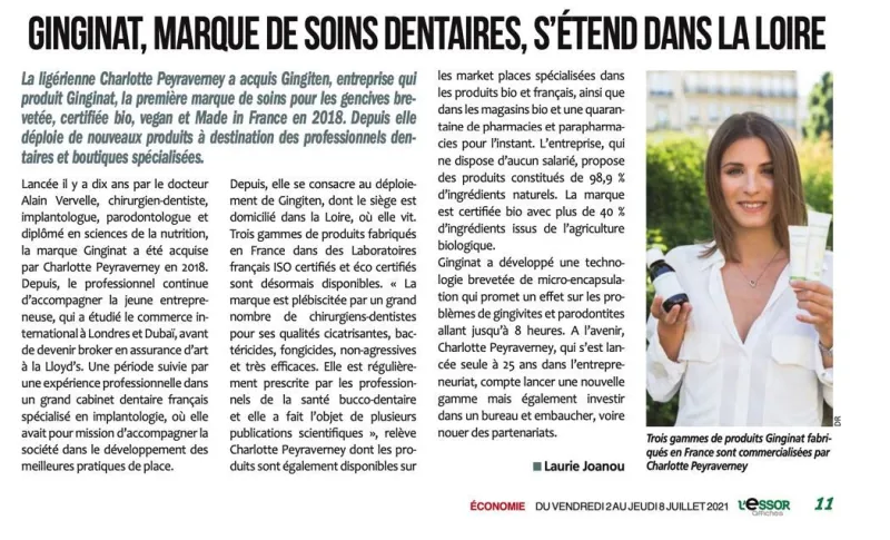 Article de presse : L'Essor — Ginginat, marque de soins dentaires, s'étend dans la Loire